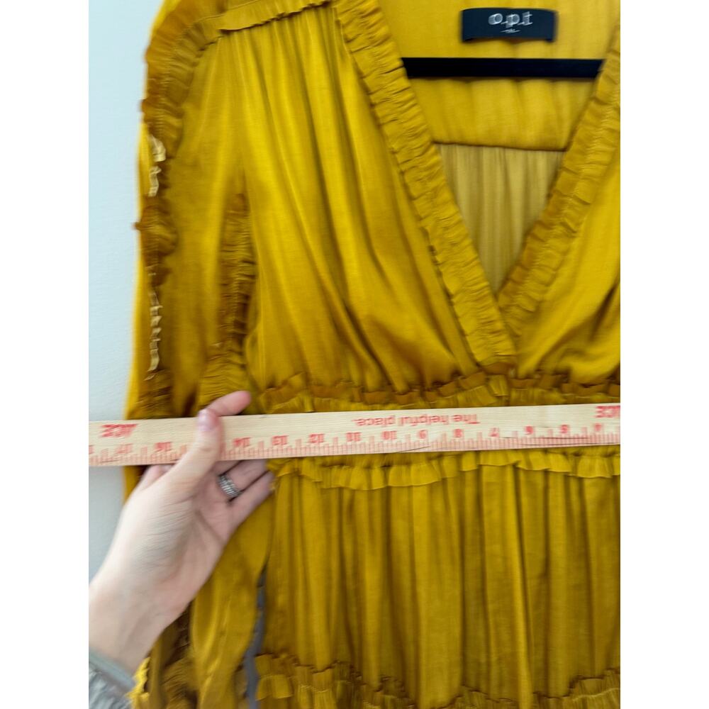 O.P.T. Feminine Modern Tianna Gold Pleated Ruffle Tiered Silky Mini Dress M - Picture 7 of 15